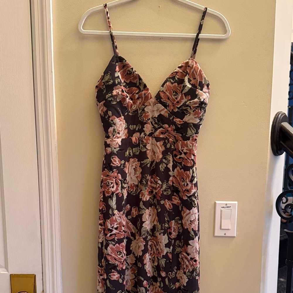 Vici Pink and Black Ruffled Floral Midi Dress